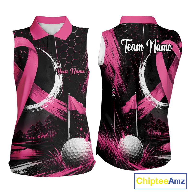 Front and back views of a sleeveless golf polo shirt with a black and pink design featuring a golf ball, flag, brush strokes, and 'Team Name' and 'Your Name' text placeholders.
