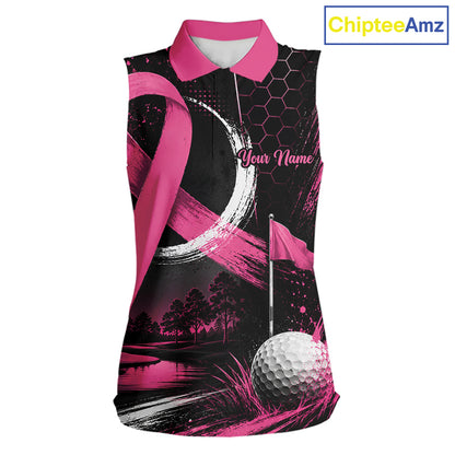 A sleeveless women's polo shirt with a pink and black golf-themed graphic print, featuring a pink ribbon, golf ball, flag, and trees, with a white collar and a 'Your Name' placeholder on the chest. A 'ChipteeAmz' logo is visible in the top right corner.