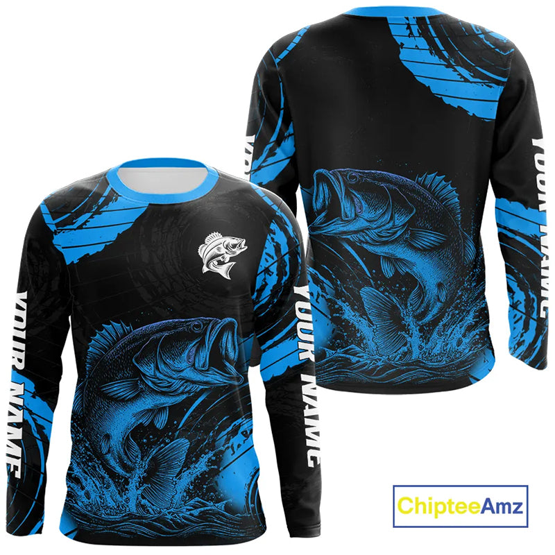 Personalized Bass Fishing Jerseys, Bass Fishing Scale Long Sleeve Shirt| Blue NHT387