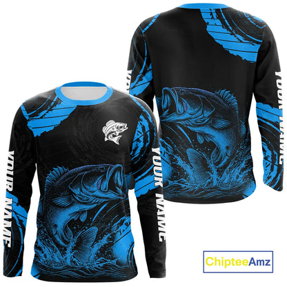 Personalized Bass Fishing Jerseys, Bass Fishing Scale Long Sleeve Shirt| Blue NHT387