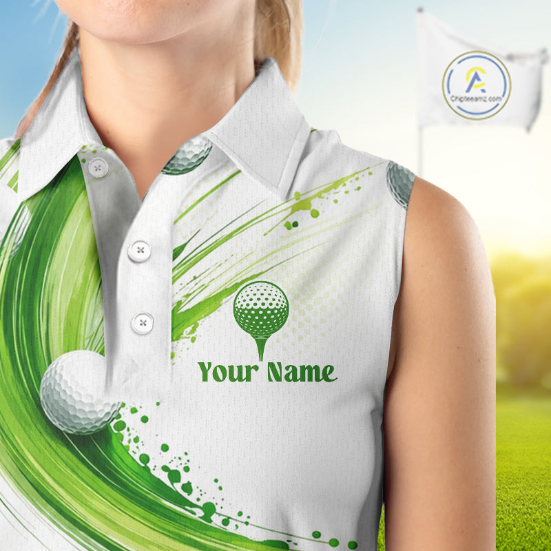 Custom Green Wave Sleeveless Golf Polo Shirt With Ball Design Personalized Team Name & Name Golf Shirt NHT623