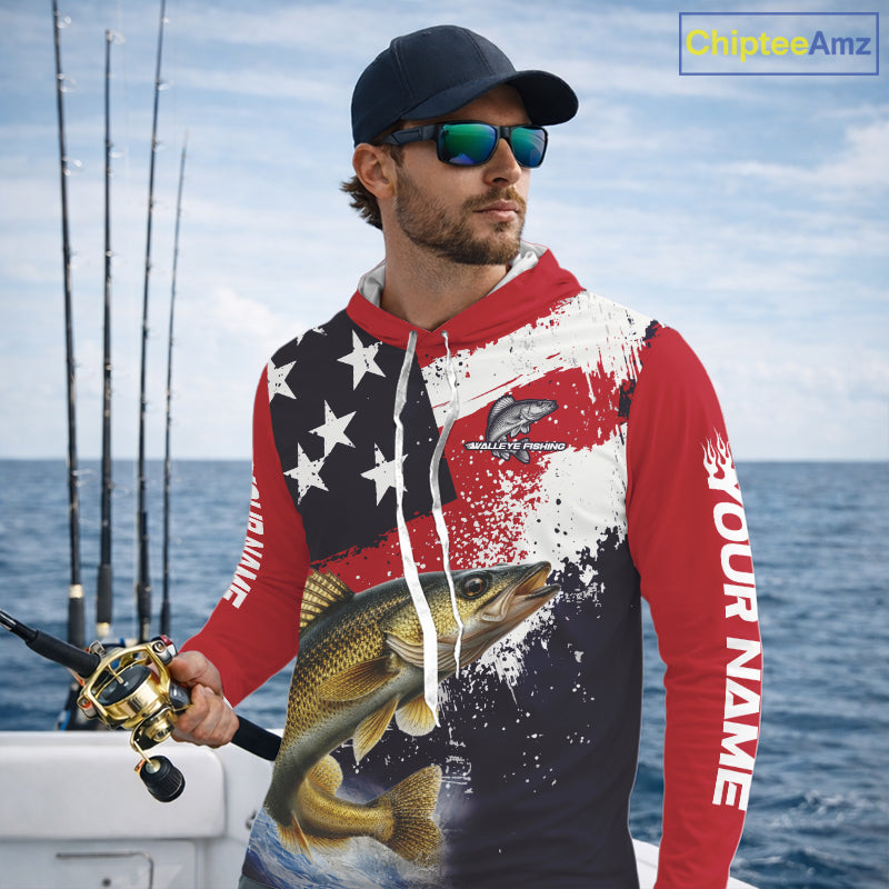 Personalized Walleye Fishing Jerseys, Custom American Flag Walleye Hooded Fishing Shirts Long Sleeve NHT488