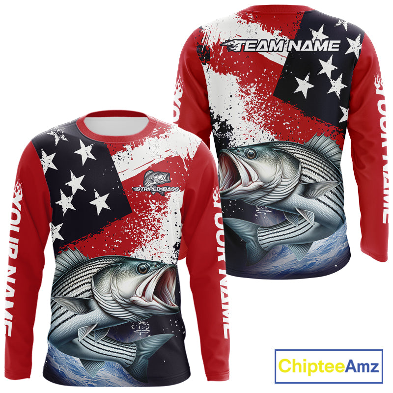 Personalized Striped Bass Fishing Jerseys, Custom American Flag Bass Fishing Shirts Long Sleeve NHT489