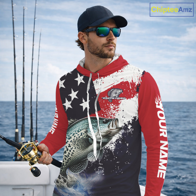 Personalized Crappie Fishing Jerseys, Custom American Flag Crappie Hooded Fishing Shirts Long Sleeve NHT491