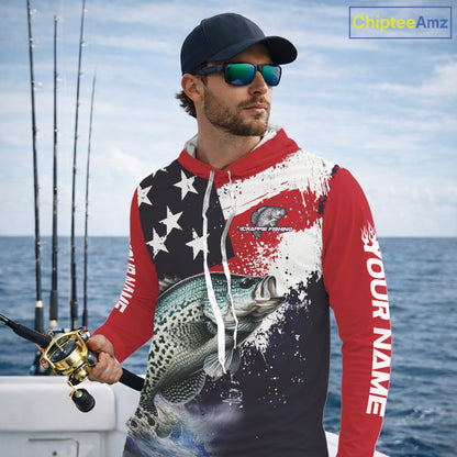 Personalized Crappie Fishing Jerseys, Custom American Flag Crappie Hooded Fishing Shirts Long Sleeve NHT491