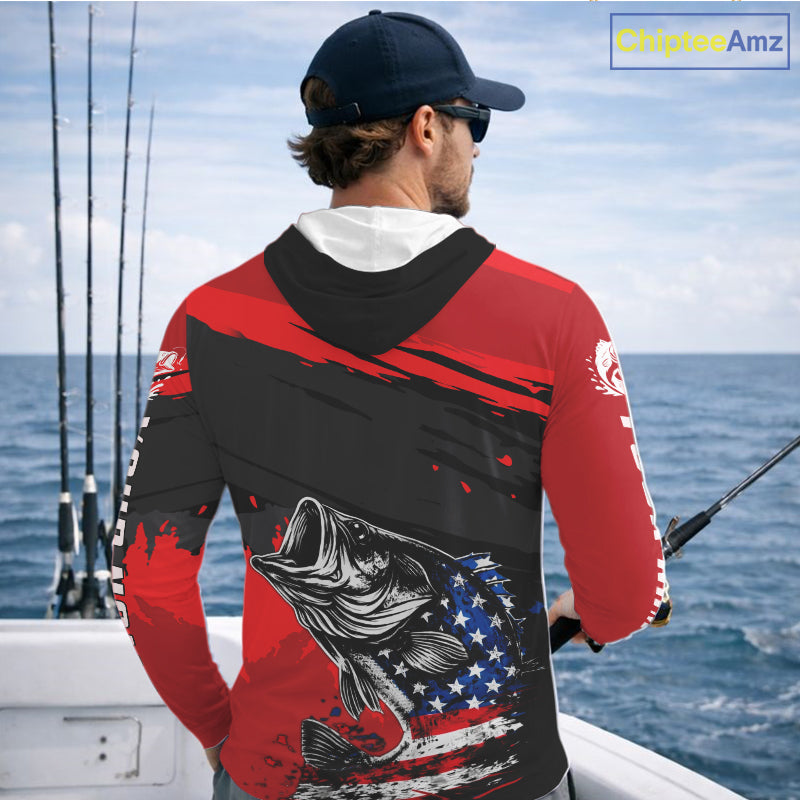 Bass American Flag Hooded Fishing Shirt Long Sleeve, Red Fishing Jersey For Fisherman NHT496