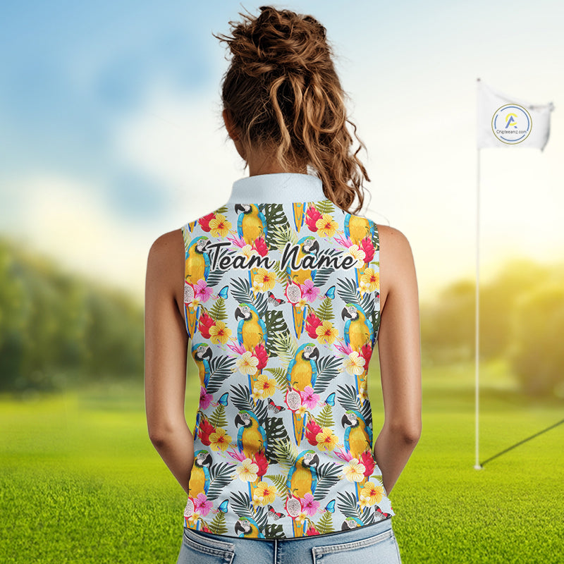 Funny Tropical Parrot Sleeveless Women Golf Polo Shirt – Custom Name Shirt For Womens, Summer Beach Vacation Outfit NHT858
