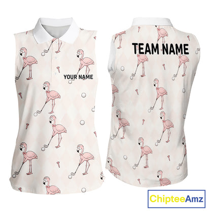 Personalized Argyle Funny Flamingo Pattern Womens Sleeveless Golf Polo Shirt - Custom Golf Team Gift