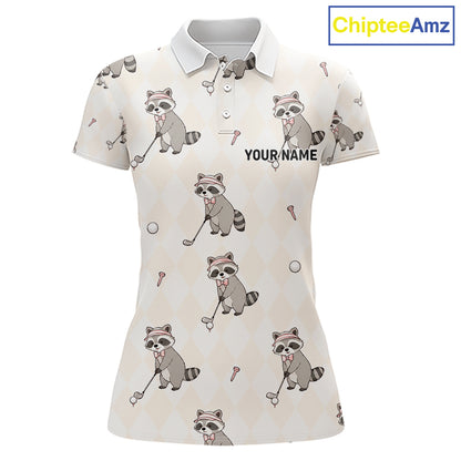 Personalized Funny Argyle Raccoon Pattern Womens Golf Polo Shirt - Custom Golf Team Gift