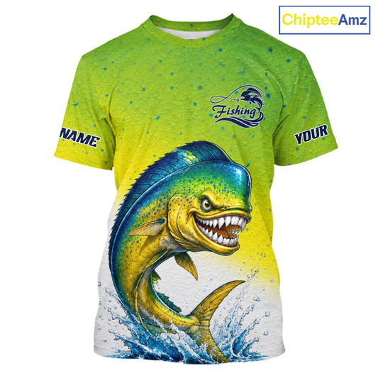 A customizable short-sleeve t-shirt with a vibrant lime green and yellow gradient, featuring a large graphic of a jumping mahi-mahi fish on the front. The shirt includes placeholder text 'NAME' and 'YOUR' on the sleeves, a 'Fishing' graphic on the chest, and a 'ChipteeAmz' logo in the top right corner.