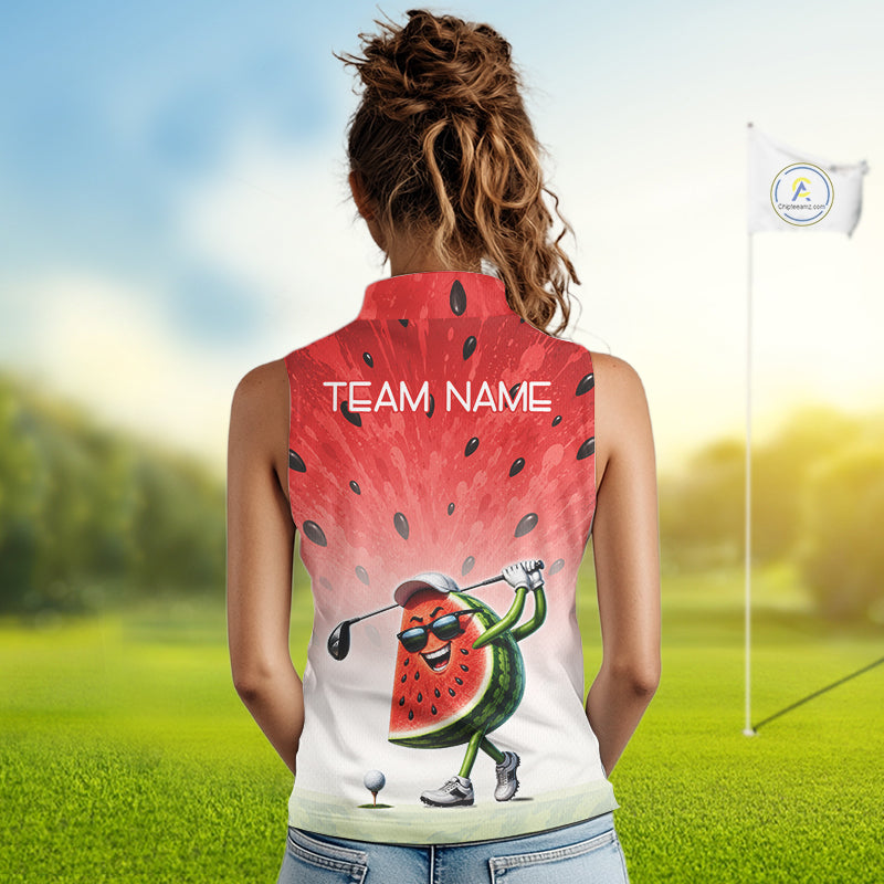 Person wearing a sleeveless shirt with a watermelon character design on a golf course