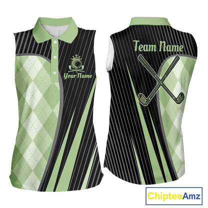 Womens Sleeveless Golf Polo Shirt Green Black Argyle Plaid Golf Pattern Custom,  Womens Shirt Golf Tops NHT667