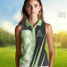 Load image into Gallery viewer, Womens Sleeveless Golf Polo Shirt Green Black Argyle Plaid Golf Pattern Custom,  Womens Shirt Golf Tops NHT667
