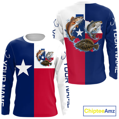 Texas Slam Long Sleeve Jersey With Redfish, Trout & Flounder Texas Saltwater Fishing Shirt For Men 