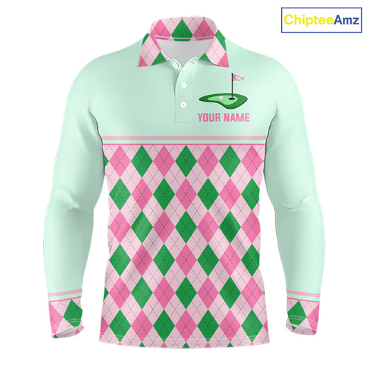 Pink Argyle Golf Polo Shirt Personalized Men Golf Shirt Cute Preppy Golf Outfit Custom Name, Familly Team Shirts NHT691