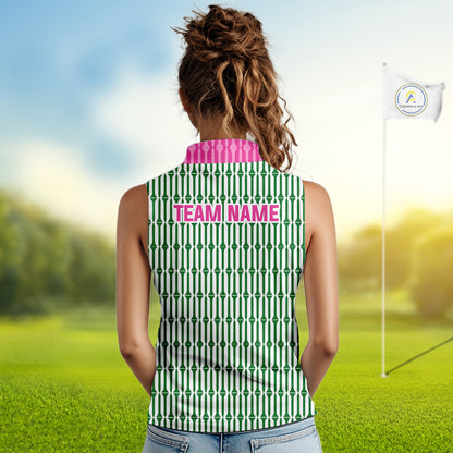 Funny Pink Green Geometric Womens Sleeveless Polo Golf Shirt, Retro Style Performance Golf Top For Family Team Shirt NHT692