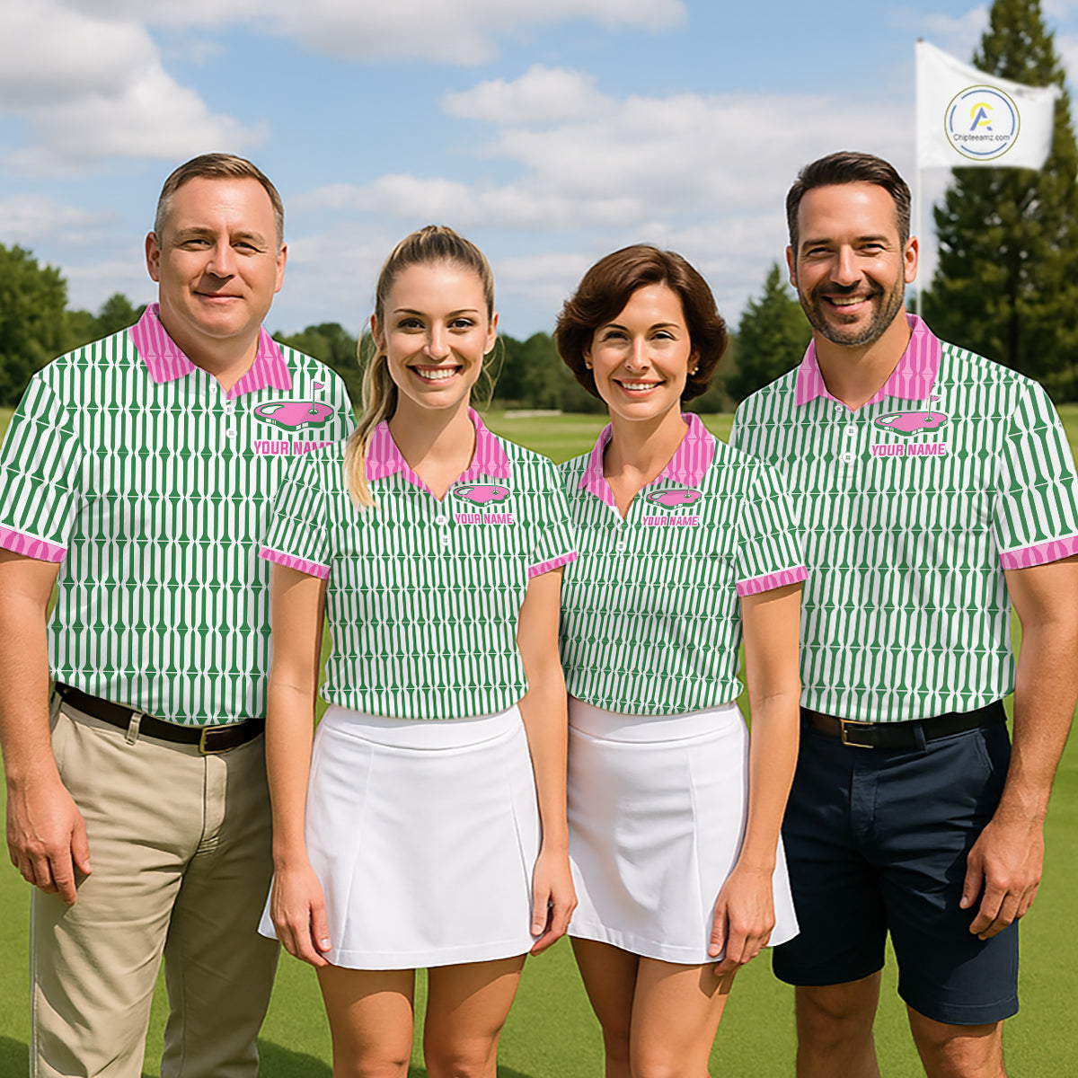 Funny Pink Green Geometric Polo Golf Shirt, Retro Style Performance Golf Top For Family Team Shirt NHT692