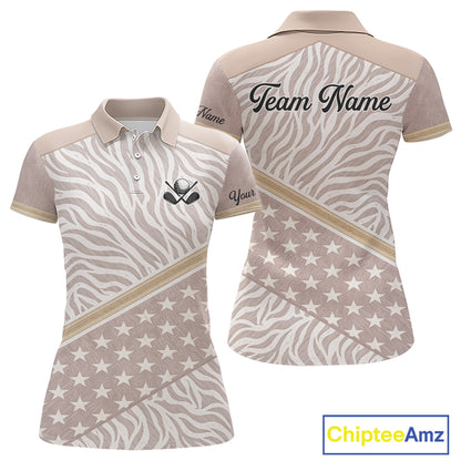 Custom Women's Golf Polo Shirt, Personalized Team Name Golf Jersey, Elegant Beige Zebra And Stars Pattern NHT694