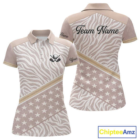 Custom Women's Golf Polo Shirt, Personalized Team Name Golf Jersey, Elegant Beige Zebra And Stars Pattern NHT694