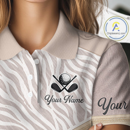 Custom Women's Golf Polo Shirt, Personalized Team Name Golf Jersey, Elegant Beige Zebra And Stars Pattern NHT694