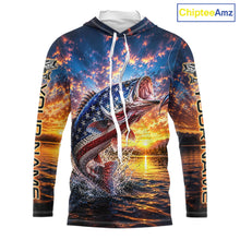 Load image into Gallery viewer, American Flag Bass Fishing Jersey – Patriotic Sunset Lake Angler Long Sleeve Hooded  For Men
