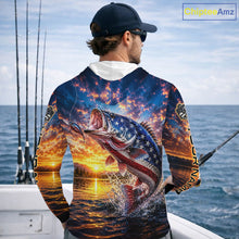 Load image into Gallery viewer, American Flag Bass Fishing Jersey – Patriotic Sunset Lake Angler Long Sleeve Hooded  For Men