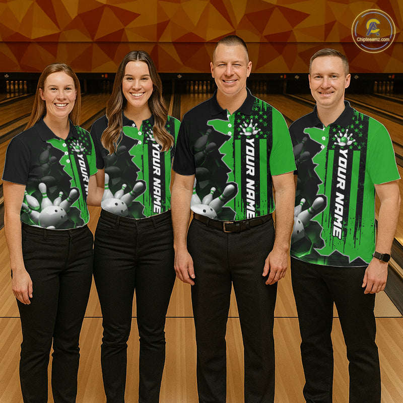 Men's Custom Bowling Tournament Polo Shirt & 1/4 Zip – Personalized Team Bowling Jersey| Green NHT1197