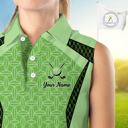 Custom Womens Sleeveless Mint Green Golf Polo, Personalized Geometric Pattern Golf Shirt With Name, Gift For Golfer NHT702