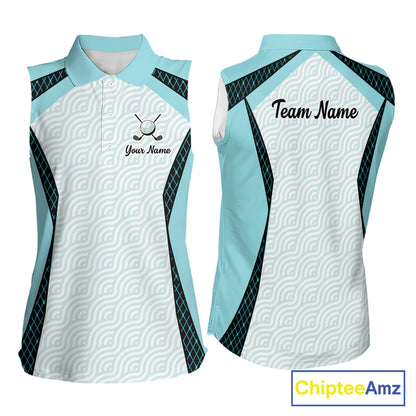 Personalized Aqua Sea Wave Golf Shirt With Name, Elegant Women's Sportswear, Stylish Womens Sleeveless Golf Jersey NHT704