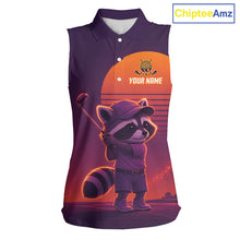 Load image into Gallery viewer, Personalized Raccoon Golf Shirt - Retro Sunset Womens Sleeveless Golf Polo Shirt 