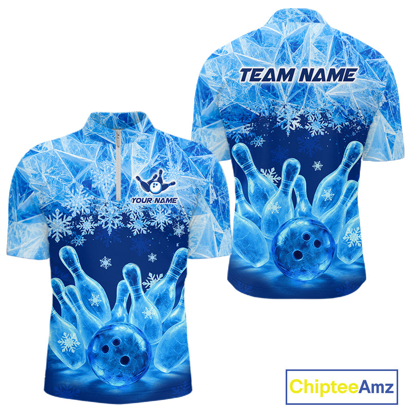 Blue Winter Bowling 1/4 Zip Polo Shirt Custom Name – Ice Bowling Ball Performance Jersey For Men NHT1341