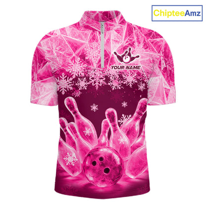 Pink Winter Bowling 1/4 Zip Polo Shirt Custom Name – Ice Bowling Ball Performance Jersey For Men NHT1343