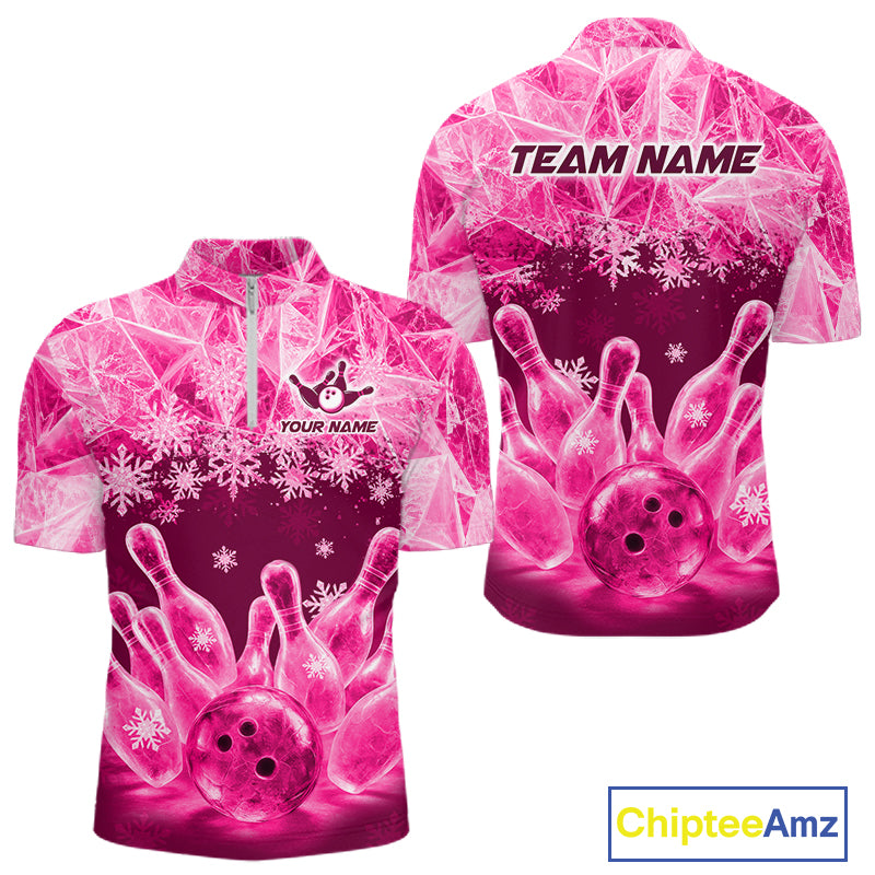Pink Winter Bowling 1/4 Zip Polo Shirt Custom Name – Ice Bowling Ball Performance Jersey For Men NHT1343