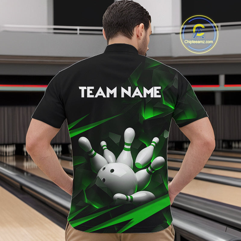 Personalized Bowling 1/4 Quarter Zip Polo Green Black Bowling Ball Jersey For Men NHT1344