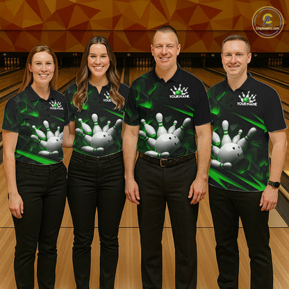 Personalized Bowling 1/4 Quarter Zip Polo Green Black Bowling Ball Jersey For Women NHT1344