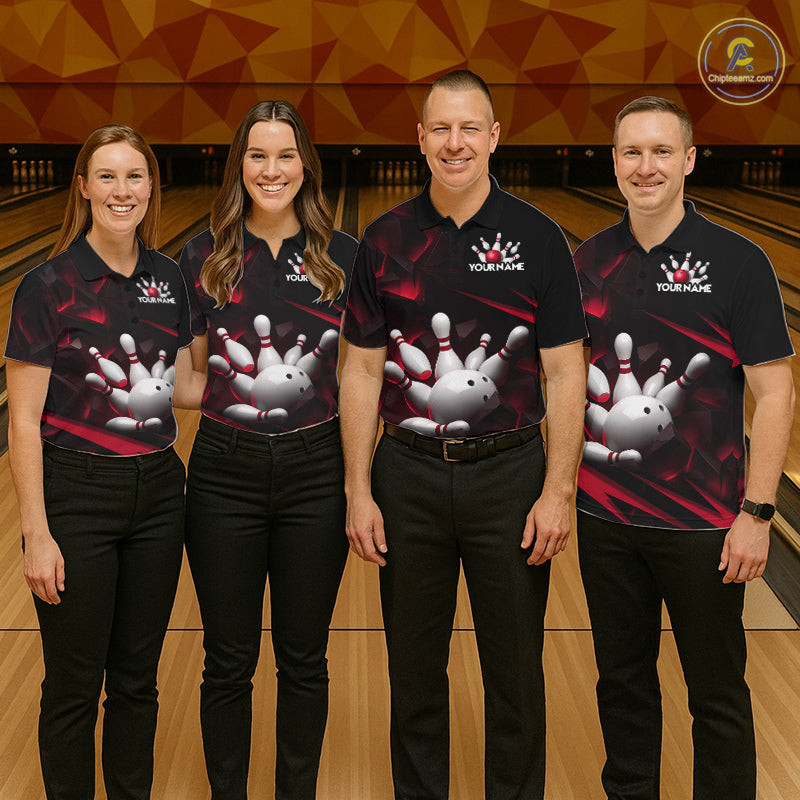 Personalized Bowling 1/4 Quarter Zip Polo Red Black Bowling Ball Jersey For Men NHT1345