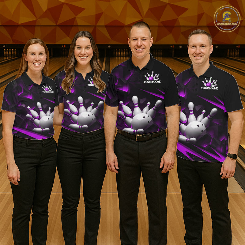 Personalized Bowling 1/4 Quarter Zip Polo Purple Black Bowling Ball Jersey For Men NHT1346