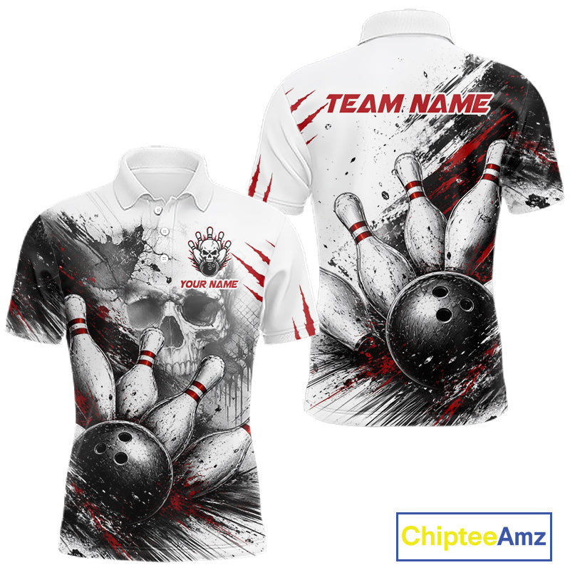 White short-sleeve polo shirt shown from front and back with a bowling-themed all-over print. The design features black and gray bowling balls and pins with red splatter accents, a skull graphic on the front chest, and red 'TEAM NAME' text on the back.