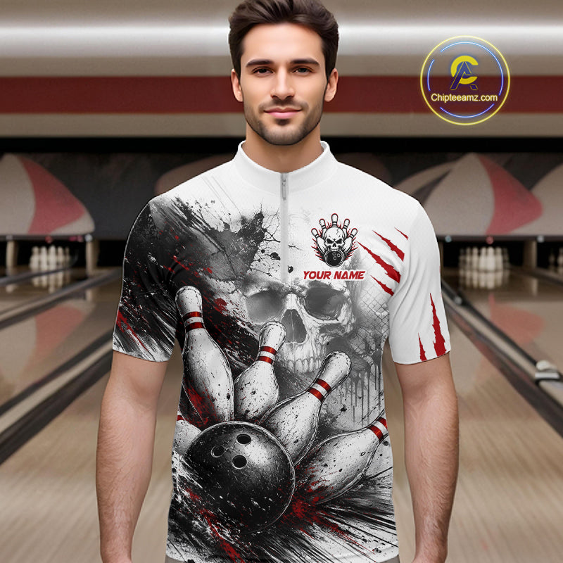 Men's Personalized Skull Bowling Tournament Shirt & Quarter Zip – Custom Name Team Jersey NHT1214