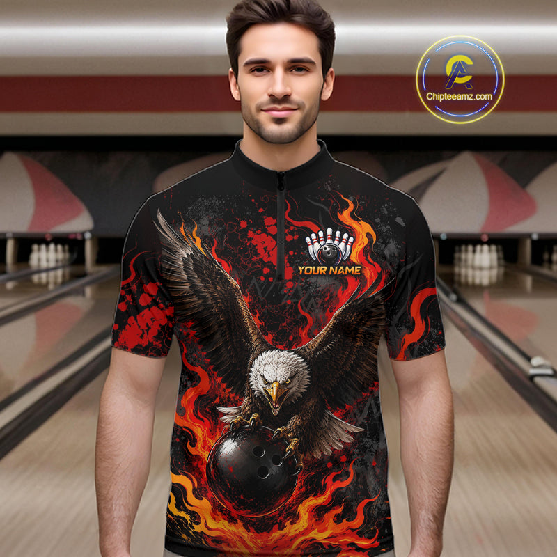 Eagle Bowling Polo Shirt Custom Name Team Quarter Zip Bowling Jersey For Men NHT1350
