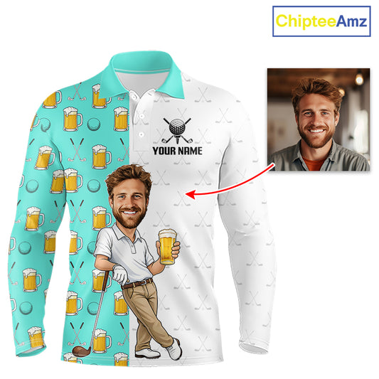 Custom Golf Polo With Face Funny Golfer Beer Lover Gift For Men|Turquoise 