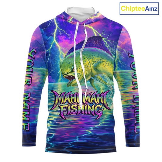 Angry Mahi Mahi Custom Hooded Fishing Shirts Long Sleeve, Design Neon Mahi Mahi Fishing Jersey NHT533