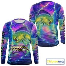 Load image into Gallery viewer, Angry Mahi Mahi Custom Fishing Shirts Long Sleeve, Design Neon Mahi Mahi Fishing Jersey NHT533