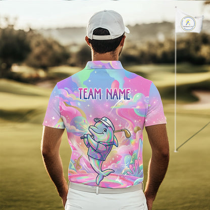 Funny Pastel Dolphin Mens Golf Polo Shirt Custom Ocean Golf Shirt, Polo Gift For Golf Lovers NHT897
