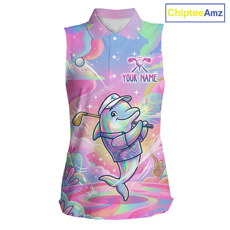 Funny Pastel Dolphin Womens Sleeveless Golf Polo Shirt Custom Ocean Golf Shirt, Polo Gift For Golf Lovers NHT897