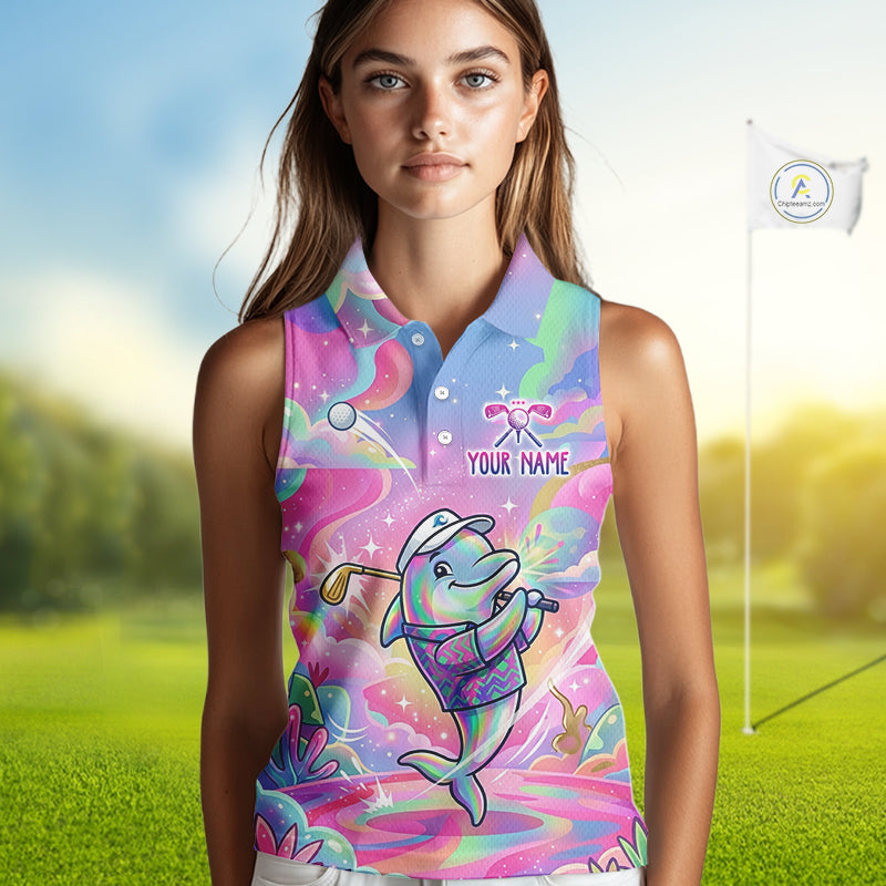 Funny Pastel Dolphin Womens Sleeveless Golf Polo Shirt Custom Ocean Golf Shirt, Polo Gift For Golf Lovers NHT897