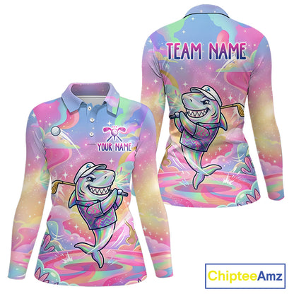 Funny Pastel Shark Womens Golf Polo Shirt Custom Ocean Golf Shirt, Polo Gift For Golf Lovers NHT898