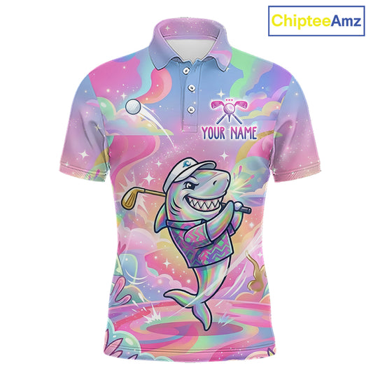 Funny Pastel Shark Mens Golf Polo Shirt Custom Ocean Golf Shirt, Polo Gift For Golf Lovers NHT898