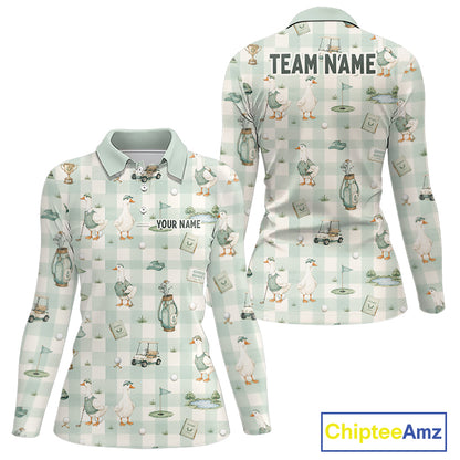 Front and back views of a long-sleeve polo shirt featuring a golf-themed duck print on a pale green and white gingham background. The front has placeholder text for personalization, and the back has 'TEAM_NAME' printed across the shoulders.