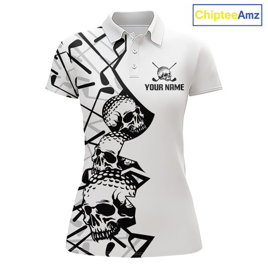 Custom Skull Womens Golf Polo Shirt Personalized Name, Golf Team Polo Jersey| White 